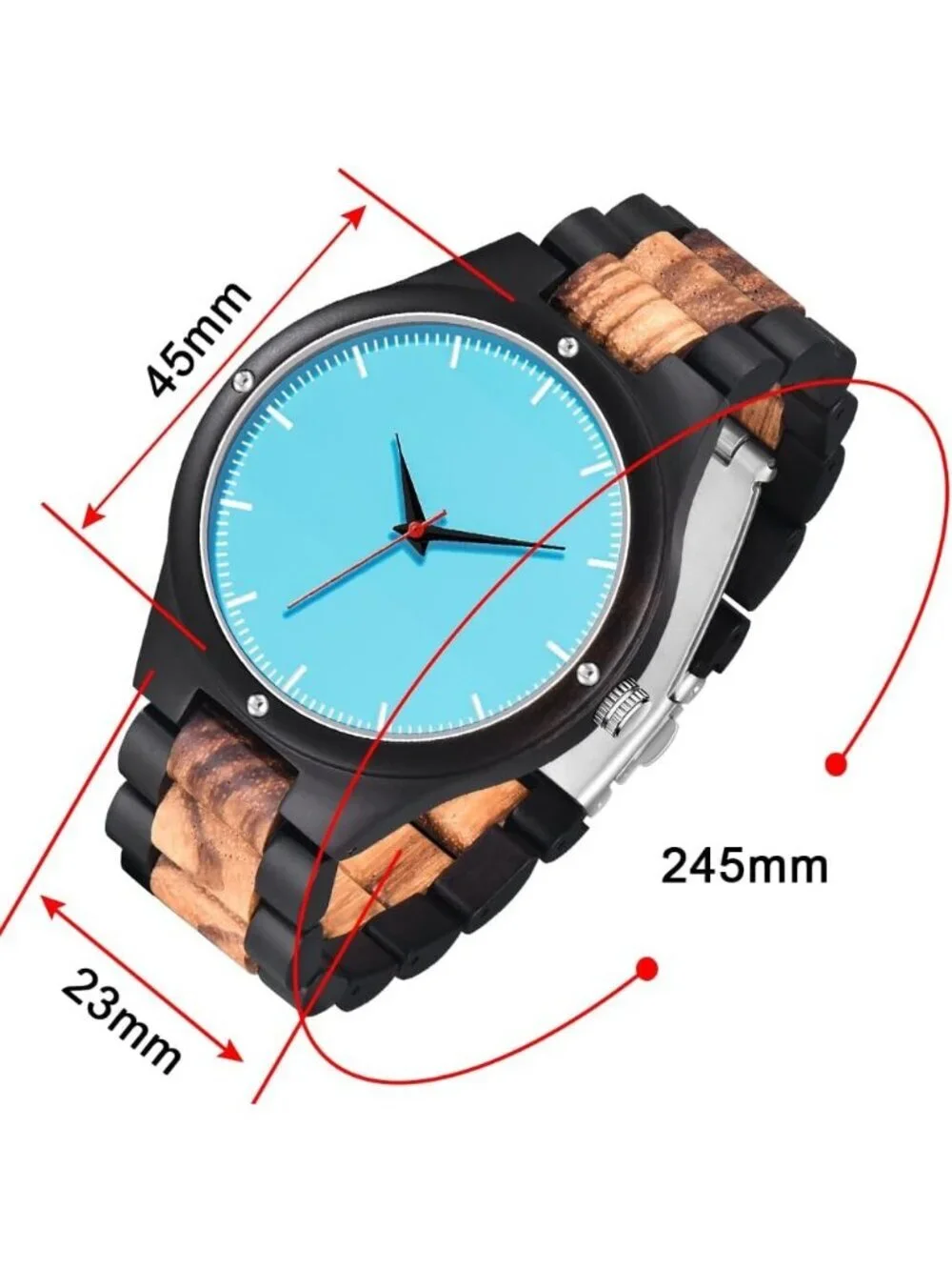 Men's Black Blue Handmade Lightweight Analog Quartz Round Wrist Wooden Watch